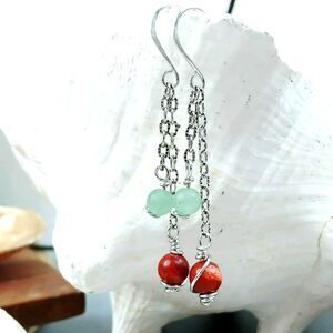 Aventurine & Coral Beaded Dangle Earrings, Gemstone Crystal Jewelry, 2.5"
